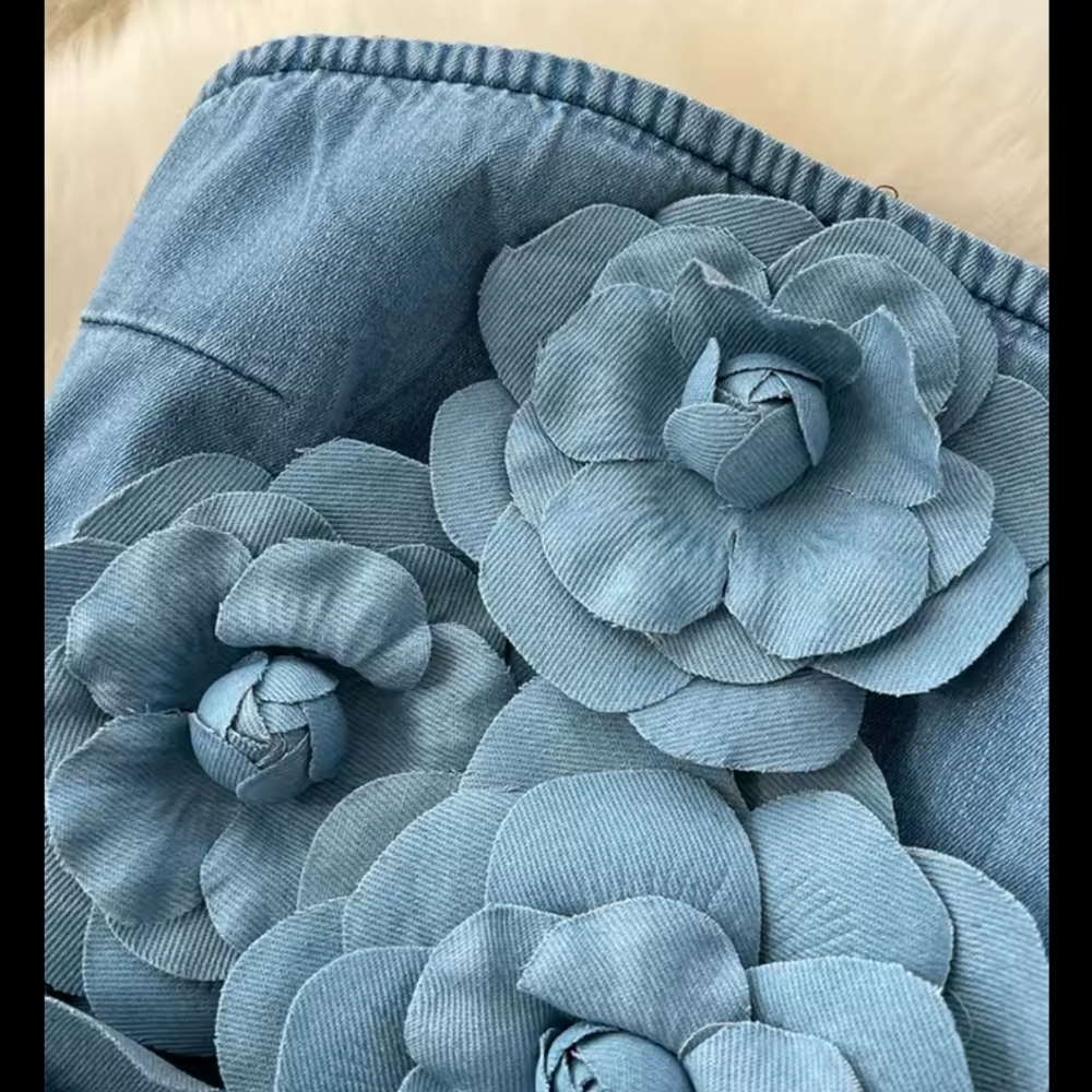 Denim Long Jumpsuits Zipper 3D Floral Chic Design Rompers - Picture 7 of 8